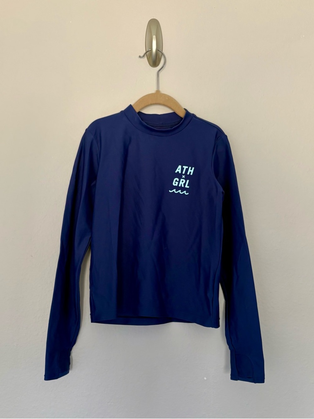 Athleta Girl Blue Long Sleeve Rashguard Thumb Holes Swim Top UPF Athletic S/7